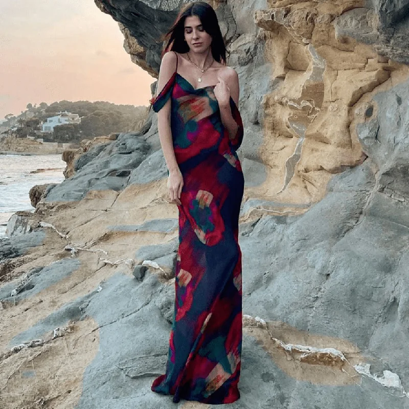 Sheer maxi dresses with lace overlays for a romantic touchVintage Print Cowl Neck Cold Shoulder Vacation Maxi Dress - Red Sheer maxi dresses with lace overlays for a romantic touchVintage Print Cowl Neck Cold Shoulder Vacation Maxi Dress - Red