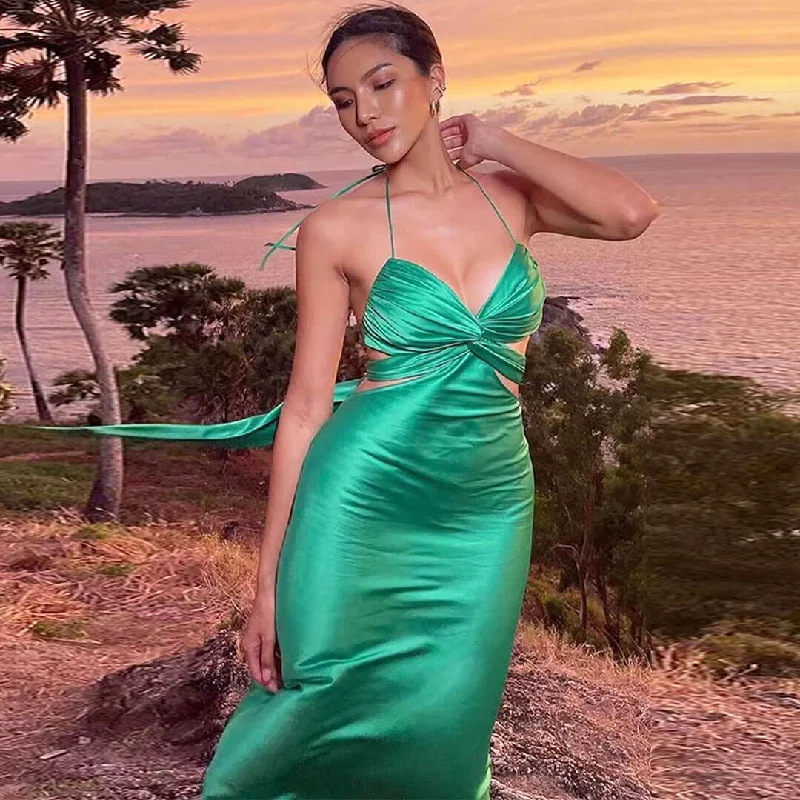 Maxi dresses with a criss - cross back for a flirty and unique detailStriking Tie Back Twist Front Cut Out Satin Slip Maxi Dress - Green Maxi dresses with a criss - cross back for a flirty and unique detailStriking Tie Back Twist Front Cut Out Satin Slip Maxi Dress - Green