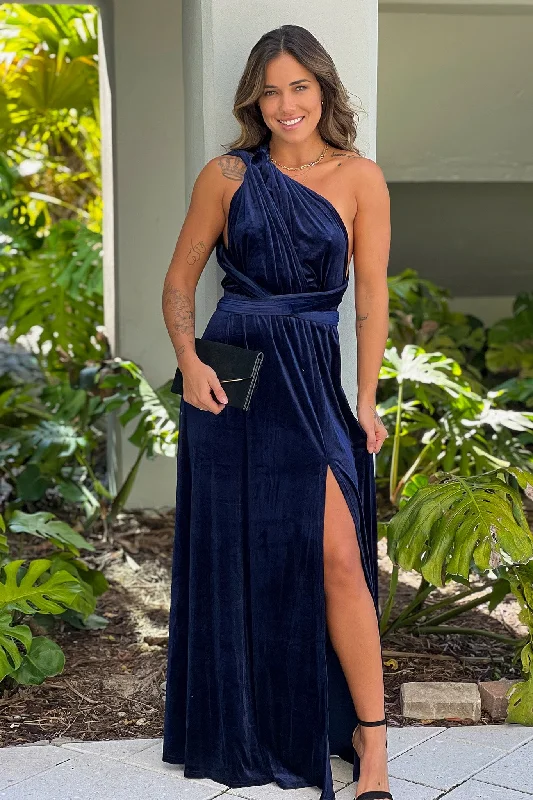 Maxi dresses with patchwork designs for a one - of - a - kind styleNavy Multi Way Velvet Maxi Dress Maxi dresses with patchwork designs for a one - of - a - kind styleNavy Multi Way Velvet Maxi Dress