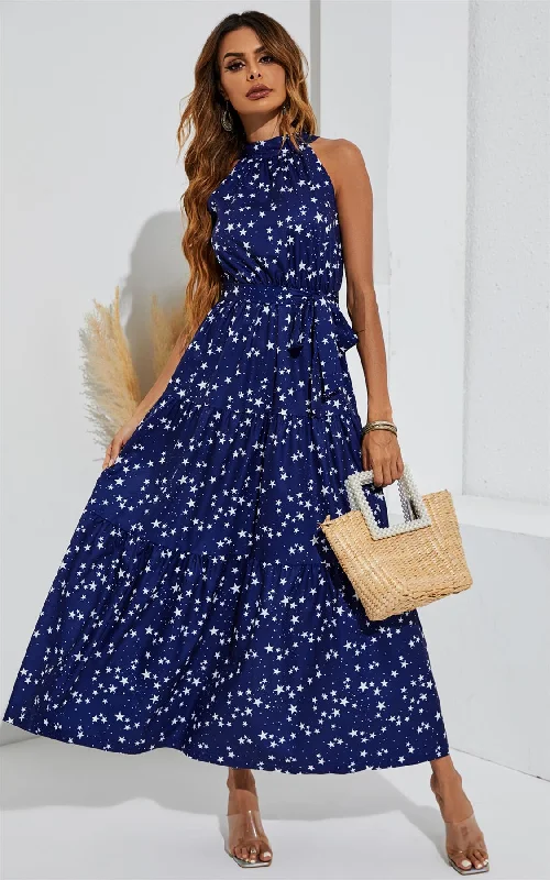 Printed maxi dresses with abstract patterns for an artistic lookNight Sky Halter Neck Maxi Layer Dress In Navy & White Little Star Printed maxi dresses with abstract patterns for an artistic lookNight Sky Halter Neck Maxi Layer Dress In Navy & White Little Star