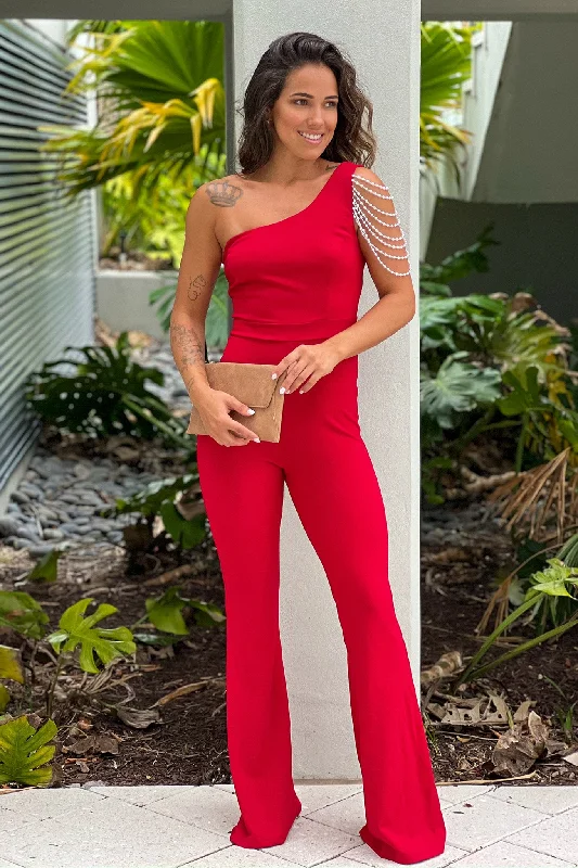 Velvet maxi dresses with long sleeves for winter weddingsRed One Shoulder Jumpsuit With Faux Pearl Detail Velvet maxi dresses with long sleeves for winter weddingsRed One Shoulder Jumpsuit With Faux Pearl Detail