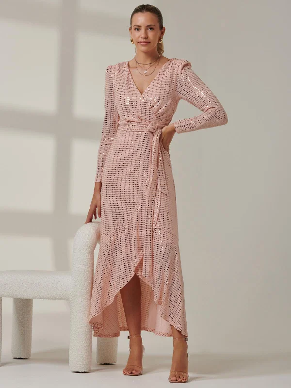 Polyester maxi dresses for easy - care and durabilitySparkly Glitter Wrap Flare Maxi Dress, Dusty Pink Polyester maxi dresses for easy - care and durabilitySparkly Glitter Wrap Flare Maxi Dress, Dusty Pink
