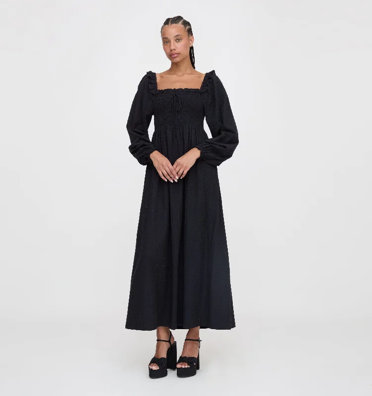 Satin maxi dresses with a high - low hem for a modern twistThe Scarlett Long Sleeve Nap Dress - Black Textured Dot Satin maxi dresses with a high - low hem for a modern twistThe Scarlett Long Sleeve Nap Dress - Black Textured Dot