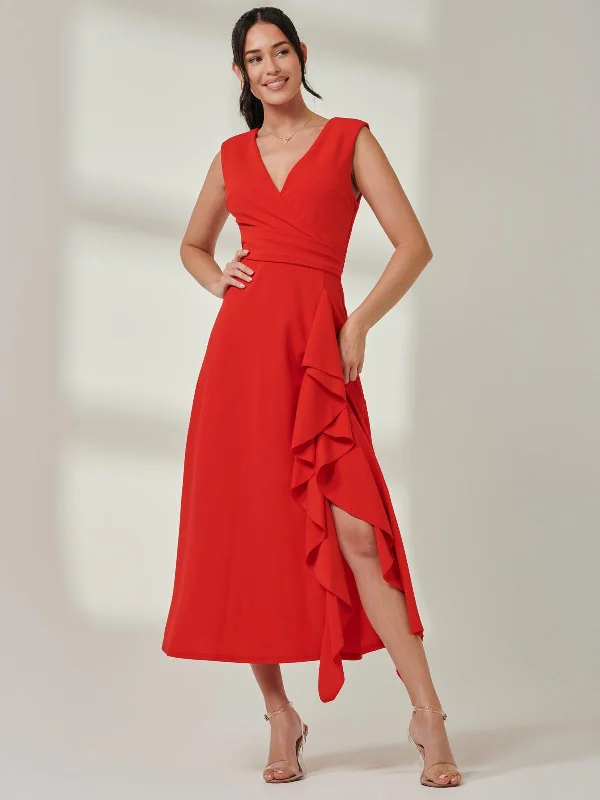 Maxi dresses with off - the - shoulder styles for a romantic and breezy lookWrap Front Frill Detail Maxi Dress, Red