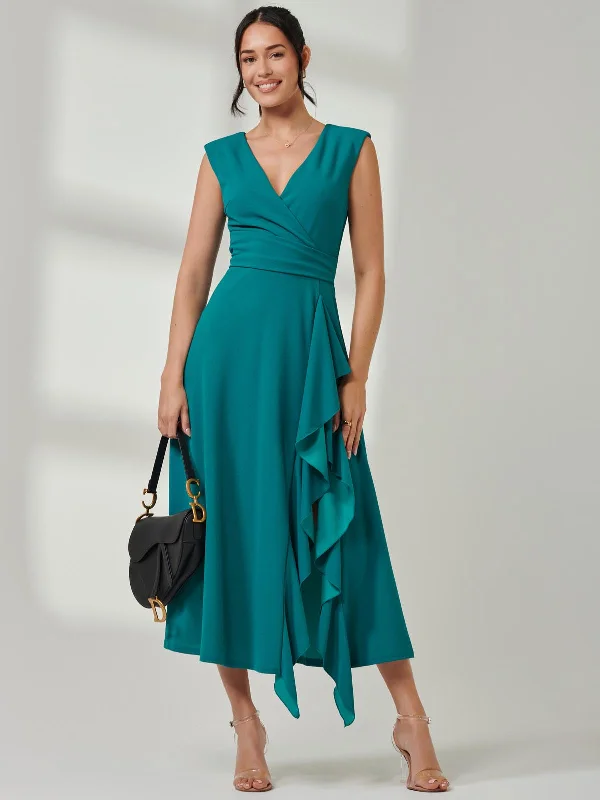 Denim maxi dresses with frayed hems for a casual lookWrap Front Frill Detail Maxi Dress, Teal Denim maxi dresses with frayed hems for a casual lookWrap Front Frill Detail Maxi Dress, Teal