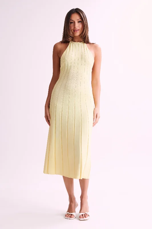 Midi dresses with denim fabric for a casual yet stylish day outAdrienne Halter Neck Midi Dress - Lemon Midi dresses with denim fabric for a casual yet stylish day outAdrienne Halter Neck Midi Dress - Lemon