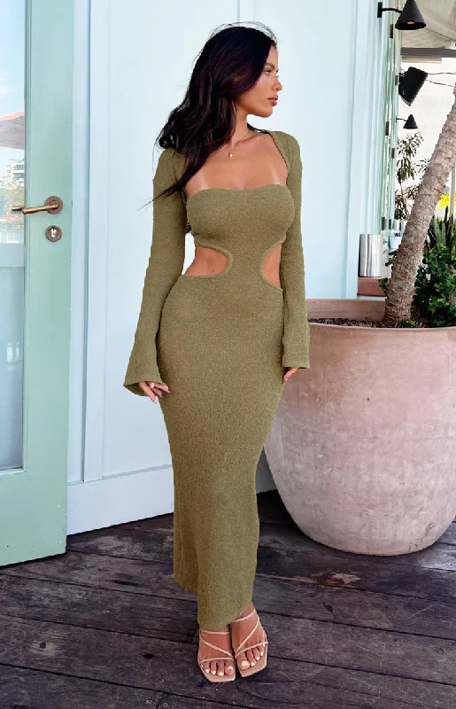 Midi dresses with puff sleeves for a vintage - inspired lookAlba Khaki Long Sleeve Knit Midi Dress