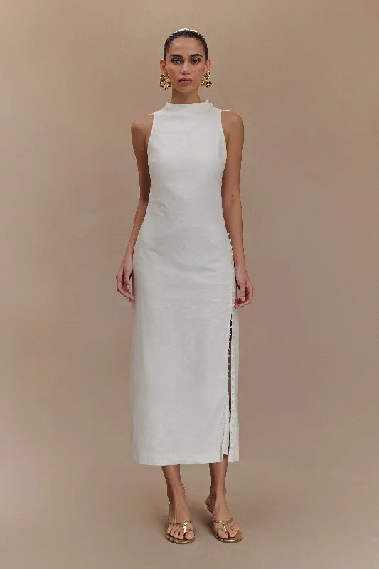 Sleeveless midi dresses with lace details for summer weddingsBronte Linen Button Midi Dress - White