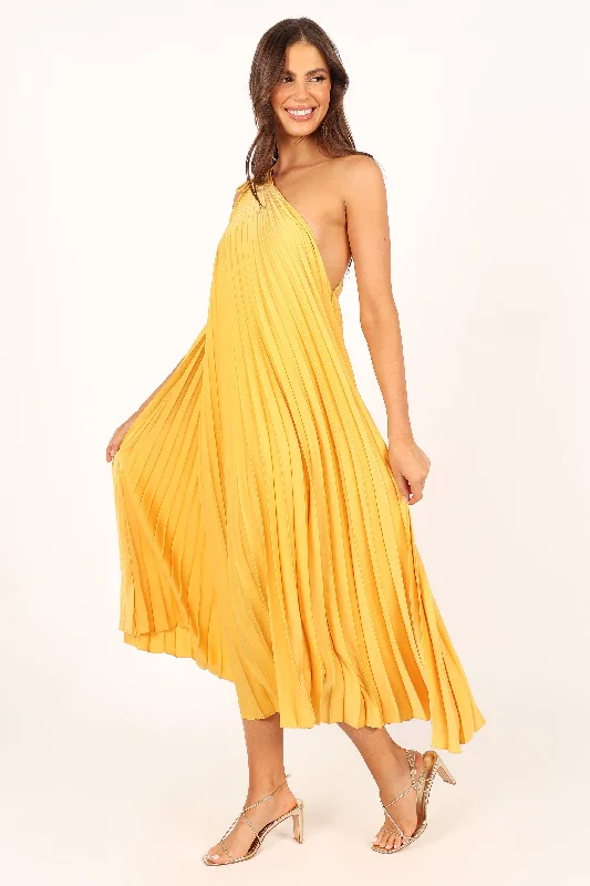 Midi dresses with sheer panels for a touch of allureCali One Shoulder Midi Dress - Saffron Midi dresses with sheer panels for a touch of allureCali One Shoulder Midi Dress - Saffron