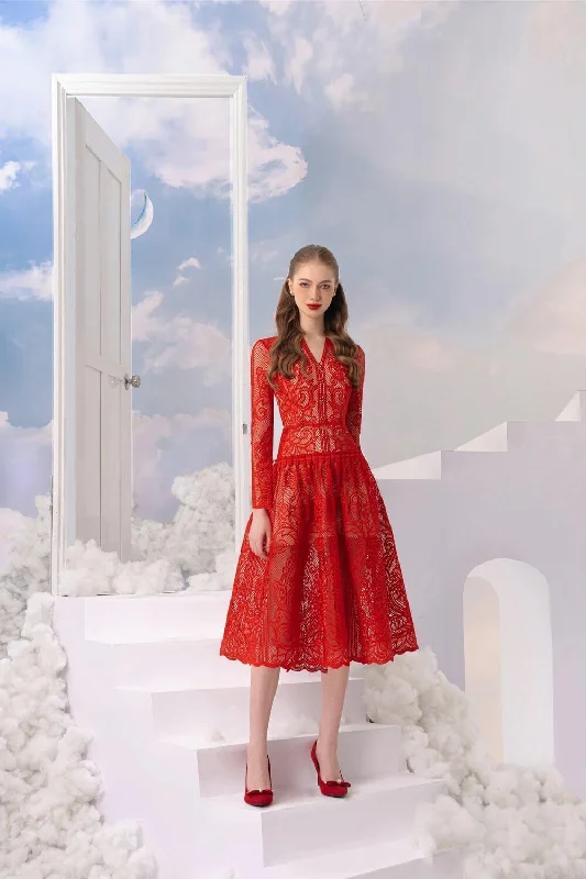 Midi dresses with keyhole backs for a flirty and unexpected detailCamolina Drop Waist Long Sleeved Lace Midi Dress Midi dresses with keyhole backs for a flirty and unexpected detailCamolina Drop Waist Long Sleeved Lace Midi Dress