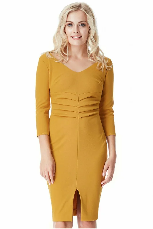 Midi dresses with side slits for a sexy and elegant appearanceCity Goddess V Neck Pleated Midi With Split Detail - Mustard Midi dresses with side slits for a sexy and elegant appearanceCity Goddess V Neck Pleated Midi With Split Detail - Mustard
