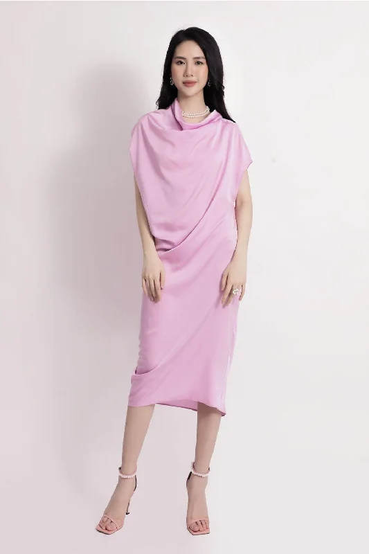 Midi dresses with ruched sleeves for a more fitted and stylish arm lookDante Straight Asymmetric Sleeved Satin Midi Dress