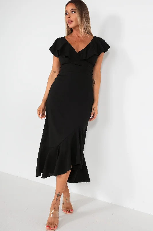 Midi dresses with one - shoulder designs for a modern and asymmetric styleDaphne Black Frill Detail Dress Midi dresses with one - shoulder designs for a modern and asymmetric styleDaphne Black Frill Detail Dress