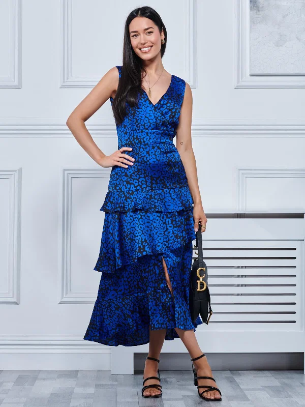 Midi dresses with tassel accents for a bohemian and free - spirited styleDella Crepe Frill Hem Maxi Dress, Blue Leopard