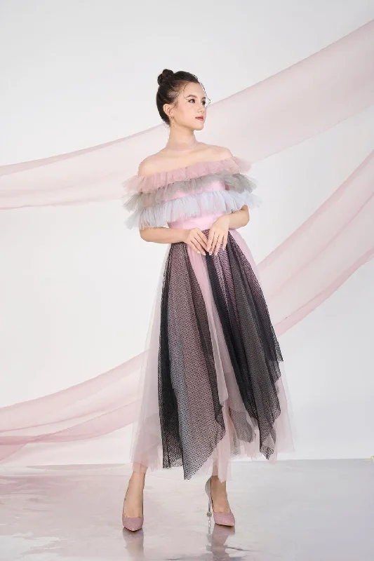 Midi dresses with pom - pom trims for a playful and festive lookDermot Layered Ruffle Sleeved Mesh Sheer Midi Dress