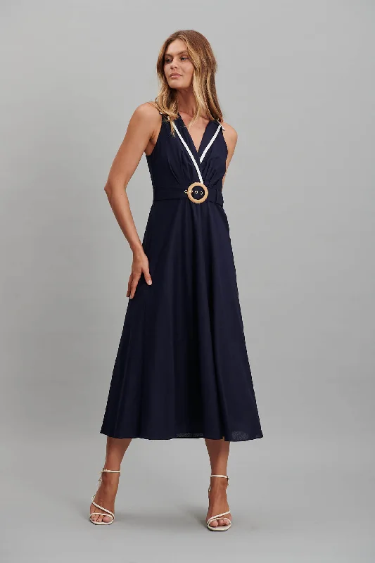 Midi dresses with ribbed textures for a unique and tactile appearanceEnchanter Midi Dress In Navy Linen Cotton Midi dresses with ribbed textures for a unique and tactile appearanceEnchanter Midi Dress In Navy Linen Cotton