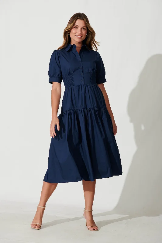 Midi dresses with puff sleeves for a vintage - inspired lookFairfax Midi Shirt Dress In Navy Cotton Midi dresses with puff sleeves for a vintage - inspired lookFairfax Midi Shirt Dress In Navy Cotton