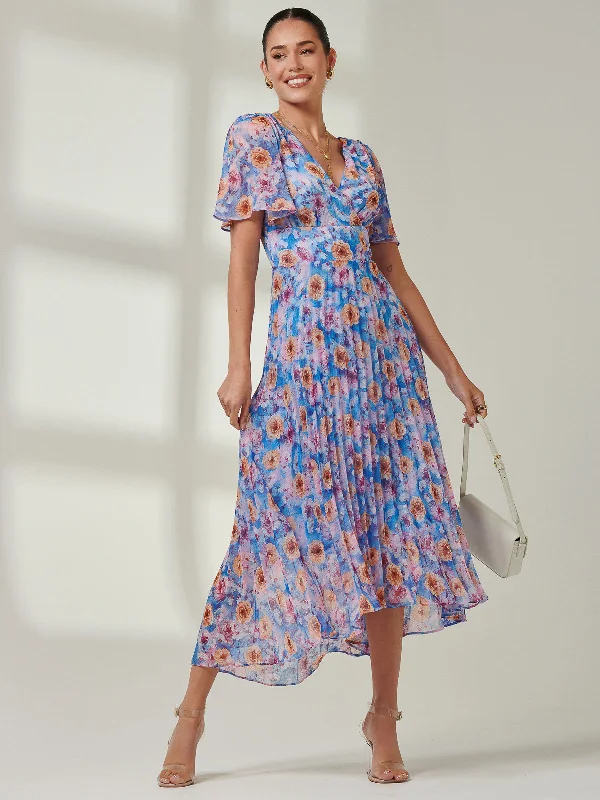 Midi dresses with ruffled sleeves for a more feminine and voluminous lookFloral Pleated Chiffon Dip Hem Dress, Blue Multi