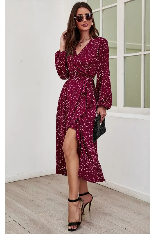 Velvet midi dresses in jewel tones for a glamorous winter eventFS Collection Long Sleeve Wrap Midi Dress In Wine Velvet midi dresses in jewel tones for a glamorous winter eventFS Collection Long Sleeve Wrap Midi Dress In Wine