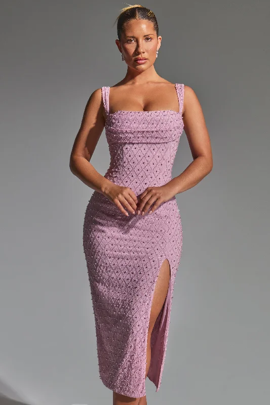 Midi dresses with mesh inserts for a trendy and breathable optionEmbellished Cowl-Neck Midaxi Dress in Mauve Midi dresses with mesh inserts for a trendy and breathable optionEmbellished Cowl-Neck Midaxi Dress in Mauve
