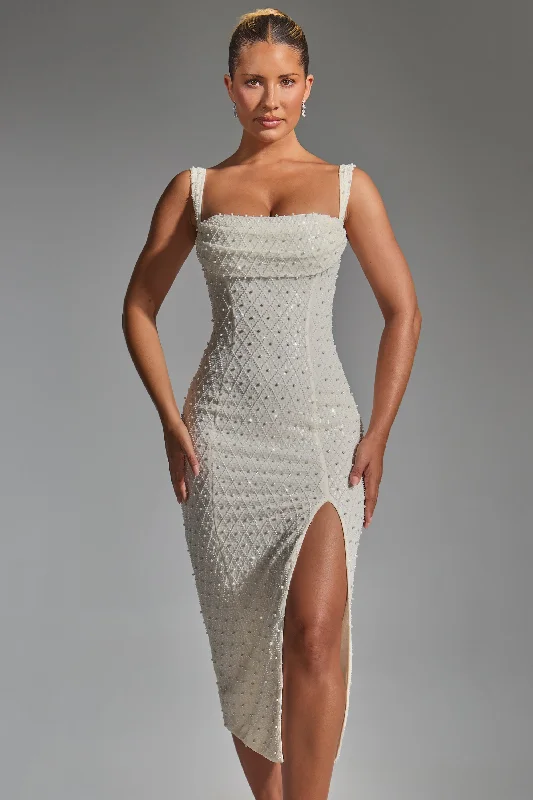 Midi dresses with belted waists to accentuate the figureEmbellished Cowl-Neck Midaxi Dress in White Midi dresses with belted waists to accentuate the figureEmbellished Cowl-Neck Midaxi Dress in White