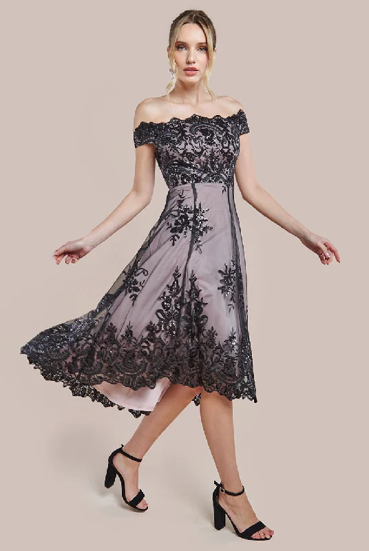 Midi dresses with wrap - around skirts for a customizable fitGoddiva Bardot Sequin & Lace High Low Midi - Black Midi dresses with wrap - around skirts for a customizable fitGoddiva Bardot Sequin & Lace High Low Midi - Black