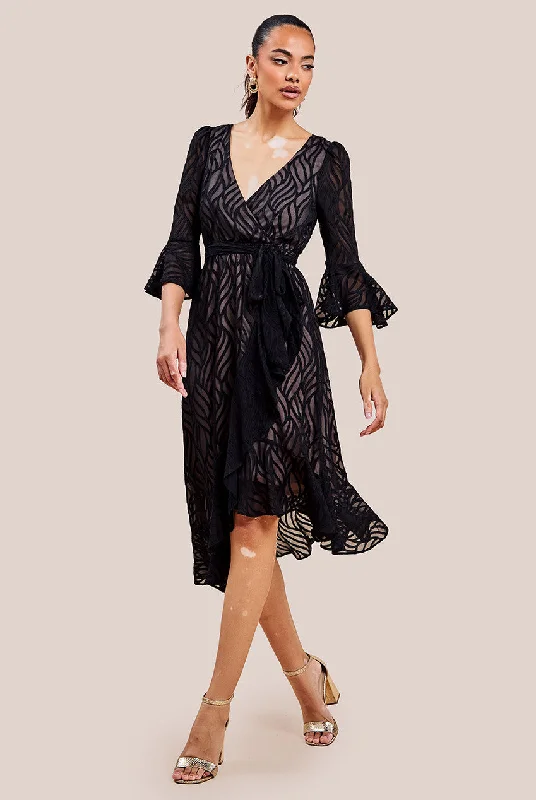 Midi dresses with denim fabric for a casual yet stylish day outGoddiva Chiffon Geo-Wave Front Frill Wrap Midi Dress - Black Midi dresses with denim fabric for a casual yet stylish day outGoddiva Chiffon Geo-Wave Front Frill Wrap Midi Dress - Black