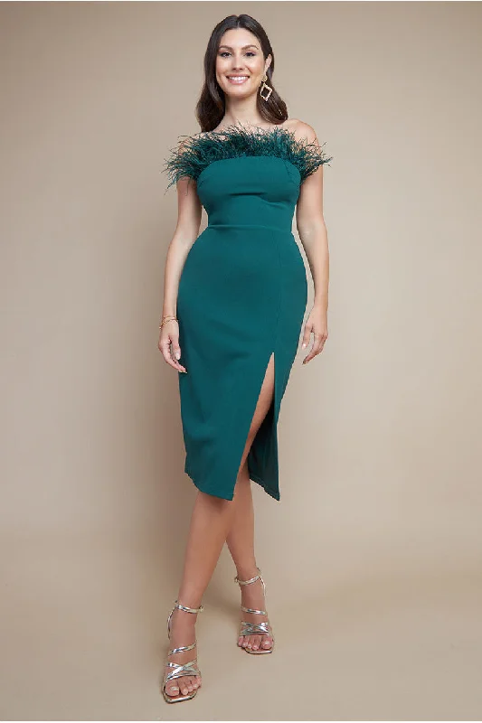 Midi dresses with ruffled bodices for a more pronounced feminine lookGoddiva Feather Boobtube Midi Dress - Emerald Green Midi dresses with ruffled bodices for a more pronounced feminine lookGoddiva Feather Boobtube Midi Dress - Emerald Green