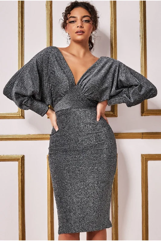 A - line midi dresses with floral prints for spring brunchesGoddiva Kimono Sleeve Lurex Midi Dress - Silver