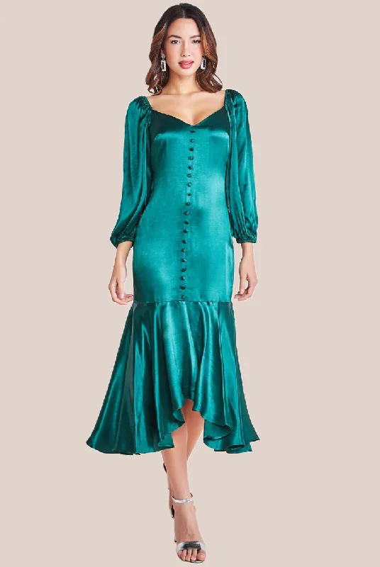 Midi dresses with pleated bodices for a classic and tailored lookGoddiva Satin Viscose Front Buttoned Dipped Hem Midaxi Dress - Emerald Midi dresses with pleated bodices for a classic and tailored lookGoddiva Satin Viscose Front Buttoned Dipped Hem Midaxi Dress - Emerald
