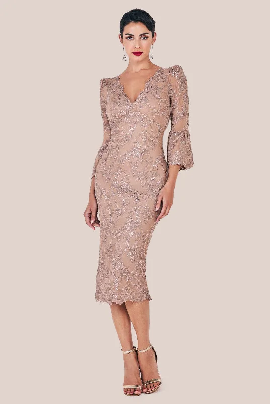 Midi dresses with empire waists for a flattering maternity optionGoddiva Sequin Scallop Lace Midi Dress - Champagne Midi dresses with empire waists for a flattering maternity optionGoddiva Sequin Scallop Lace Midi Dress - Champagne