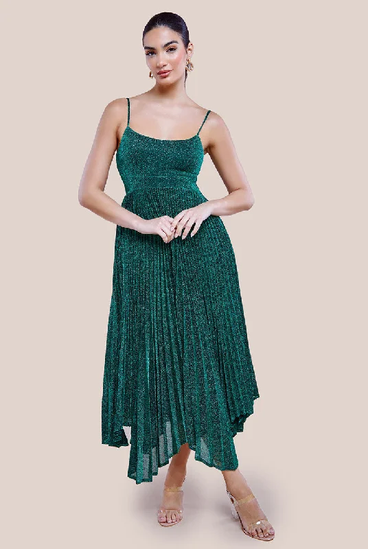 Midi dresses with printed lining for a hidden and stylish detailGoddiva Tie Back Pleated Lurex Skater Midi Dress - Emerald Midi dresses with printed lining for a hidden and stylish detailGoddiva Tie Back Pleated Lurex Skater Midi Dress - Emerald