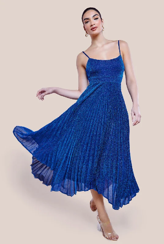 Maxi - inspired midi dresses with flowing fabrics for a beachy vibeGoddiva Tie Back Pleated Lurex Skater Midi Dress - Royal Blue Maxi - inspired midi dresses with flowing fabrics for a beachy vibeGoddiva Tie Back Pleated Lurex Skater Midi Dress - Royal Blue