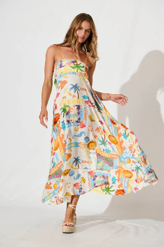Midi dresses with sheer panels for a touch of allureHanalei Midi Sundress in Cream with Multi Summer Print