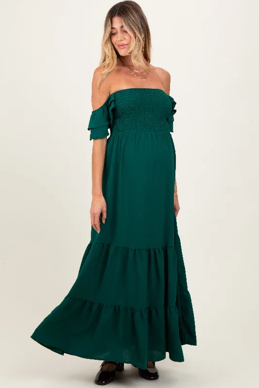 Midi dresses with abstract art prints for an artistic statementHunter Green Smocked Ruffle Off Shoulder Tiered Maternity Maxi Dress Midi dresses with abstract art prints for an artistic statementHunter Green Smocked Ruffle Off Shoulder Tiered Maternity Maxi Dress