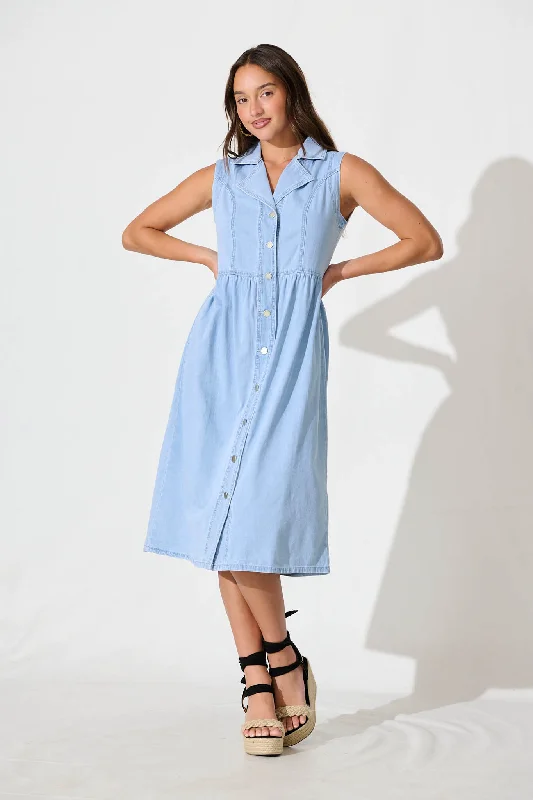 Midi dresses with gathered skirts for a full and flowing silhouetteIn Love Midi Shirt Dress in Light Blue Denim Midi dresses with gathered skirts for a full and flowing silhouetteIn Love Midi Shirt Dress in Light Blue Denim