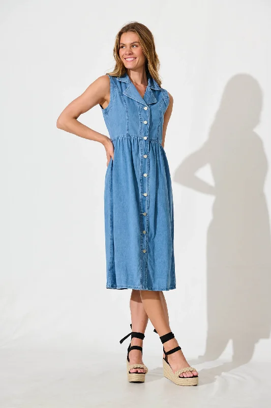 Midi dresses with asymmetric hems for a fashion - forward and dynamic appearanceIn Love Midi Shirt Dress in Mid Blue Denim Midi dresses with asymmetric hems for a fashion - forward and dynamic appearanceIn Love Midi Shirt Dress in Mid Blue Denim