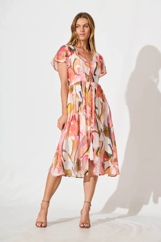 Midi dresses with mesh inserts for a trendy and breathable optionJocely Midi Dress in White with Multi Floral Midi dresses with mesh inserts for a trendy and breathable optionJocely Midi Dress in White with Multi Floral