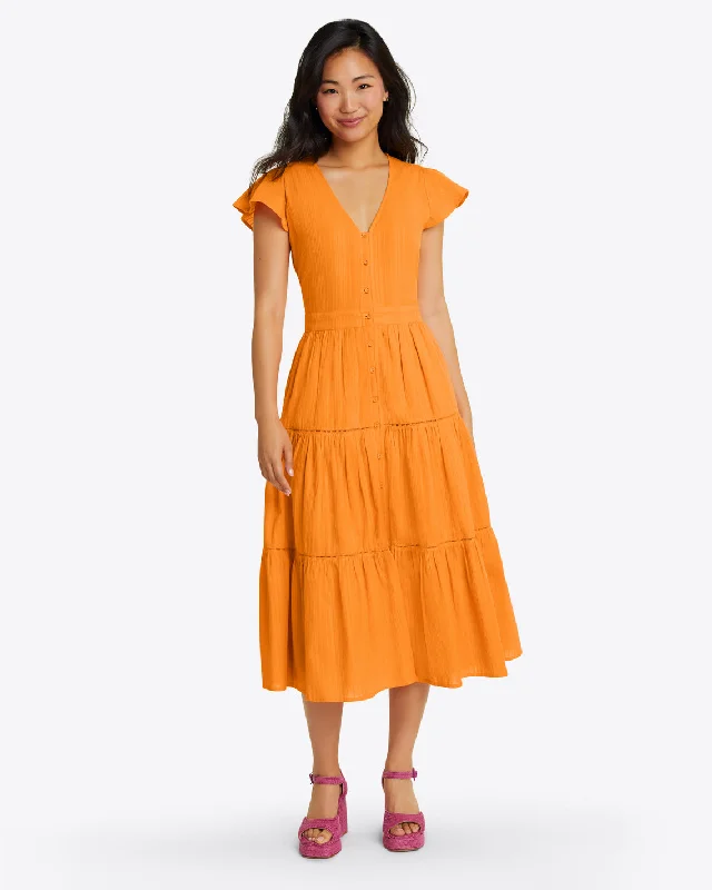 Midi dresses with abstract art prints for an artistic statementLainey Midi Dress in Marigold Dobby Stripe Midi dresses with abstract art prints for an artistic statementLainey Midi Dress in Marigold Dobby Stripe