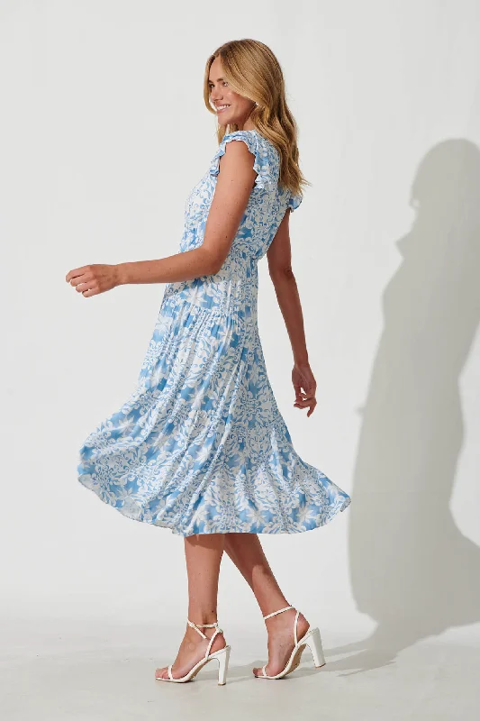 Midi dresses with cotton - blend materials for everyday comfortLatricia Midi Dress In White With Blue Linen Blend