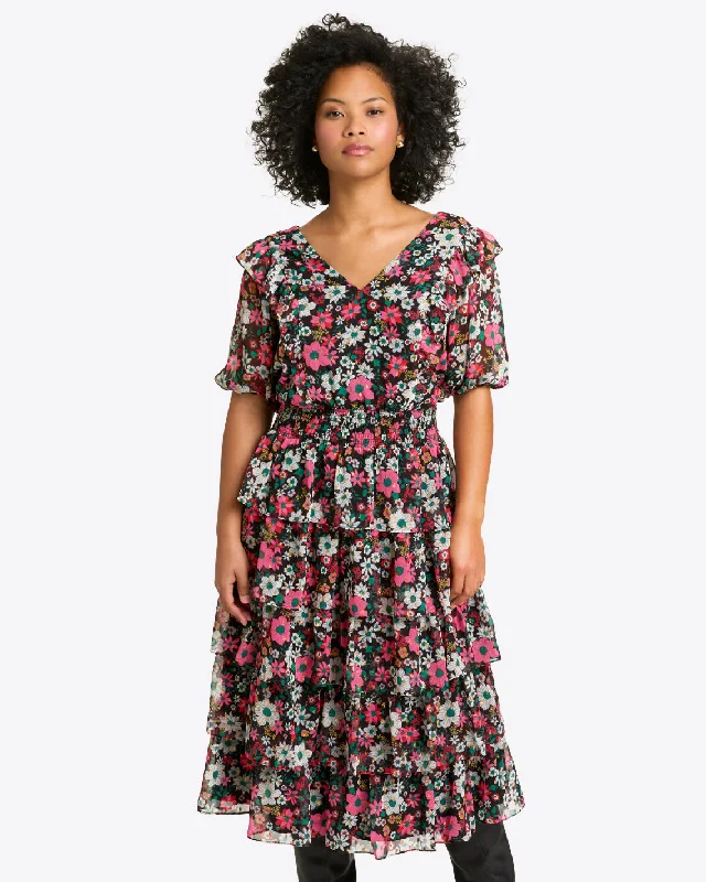 Midi dresses with geometric cutouts for a contemporary and edgy lookLeah Tiered Ruffle Midi Dress in Amaryllis Fil Coupe Midi dresses with geometric cutouts for a contemporary and edgy lookLeah Tiered Ruffle Midi Dress in Amaryllis Fil Coupe