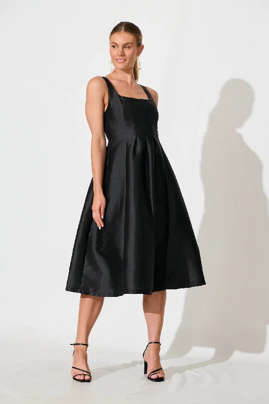 Midi dresses with ruffled hems for a romantic date nightMaricelle Midi Dress In Black Sateen Midi dresses with ruffled hems for a romantic date nightMaricelle Midi Dress In Black Sateen