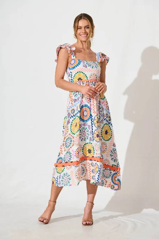 Midi dresses with ribbed textures for a unique and tactile appearanceMiami Midi Dress in White Multi Print with Ric Rac Trim Midi dresses with ribbed textures for a unique and tactile appearanceMiami Midi Dress in White Multi Print with Ric Rac Trim