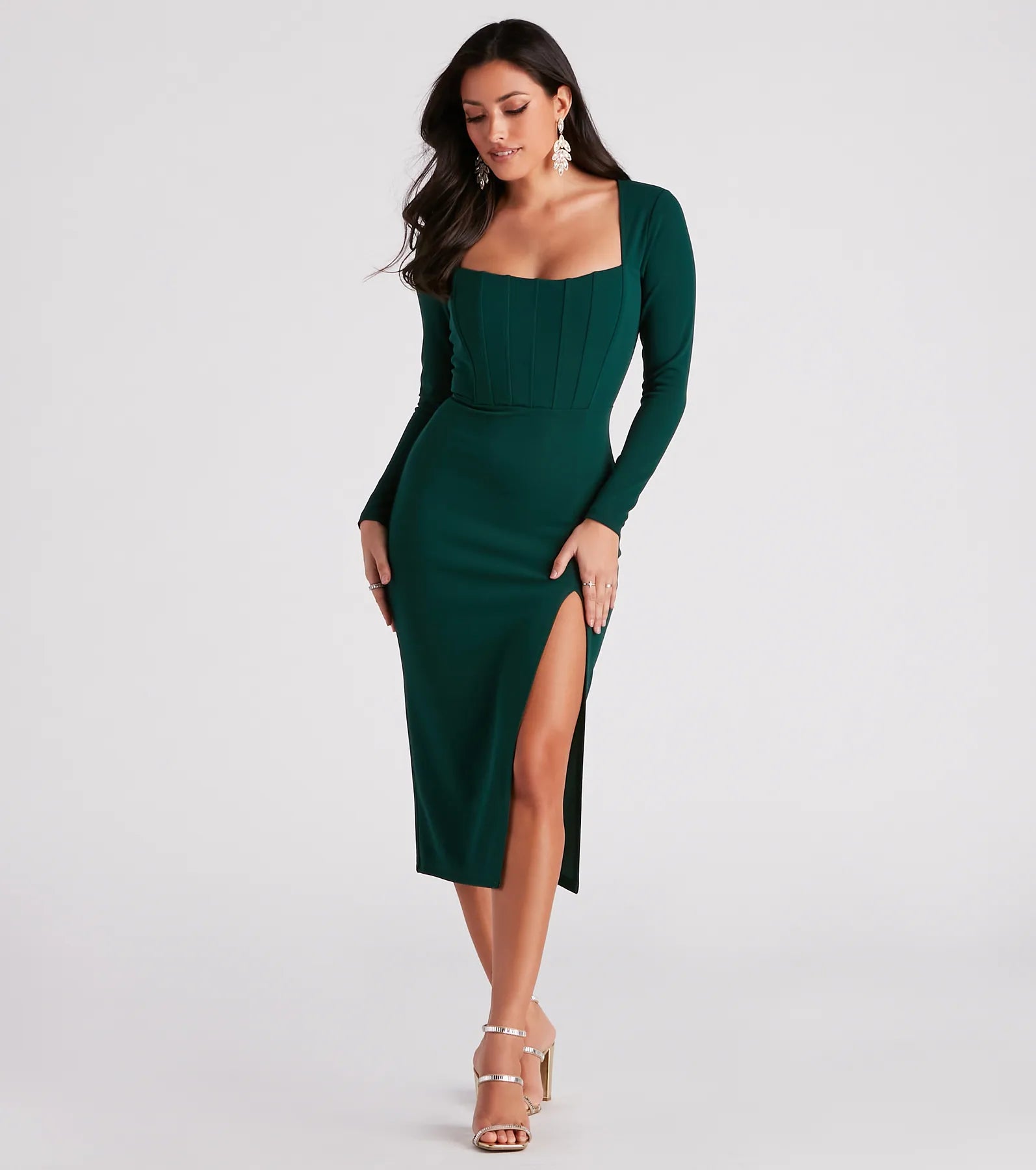 Midi dresses with wrap - around skirts for a customizable fitMurphy Long Sleeve Corset Midi Dress Midi dresses with wrap - around skirts for a customizable fitMurphy Long Sleeve Corset Midi Dress
