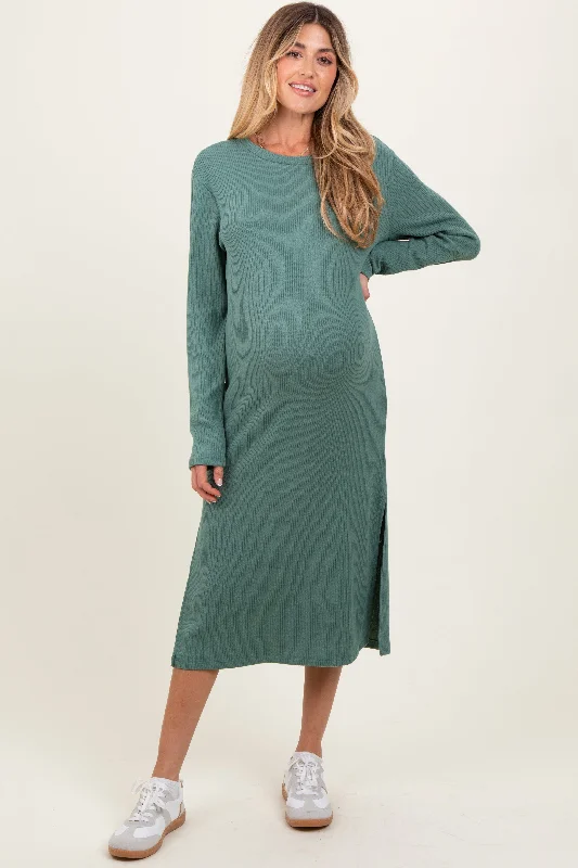 Midi dresses with polka dot prints for a playful summer outfitOlive Ribbed Knit Long Sleeve Side Slit Maternity Midi Dress