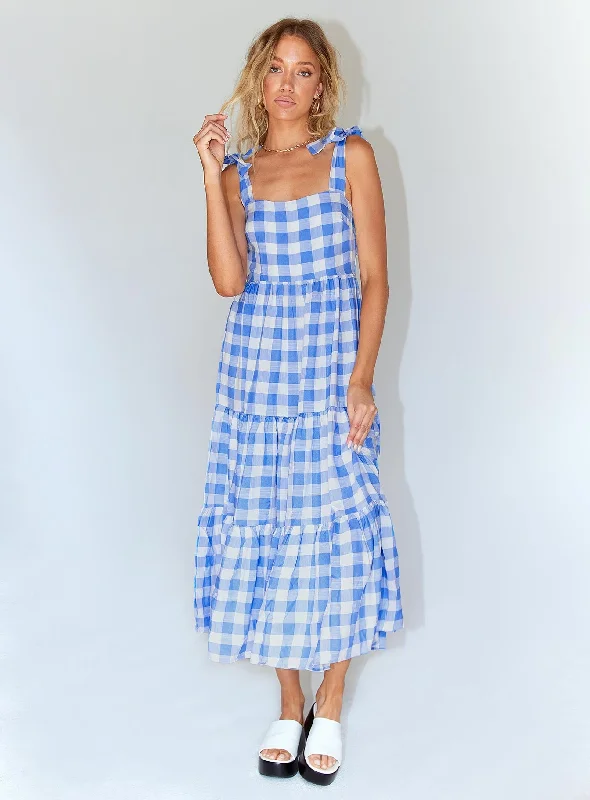 Plaid midi dresses for a fall - themed family gatheringRae Midi Dress Blue