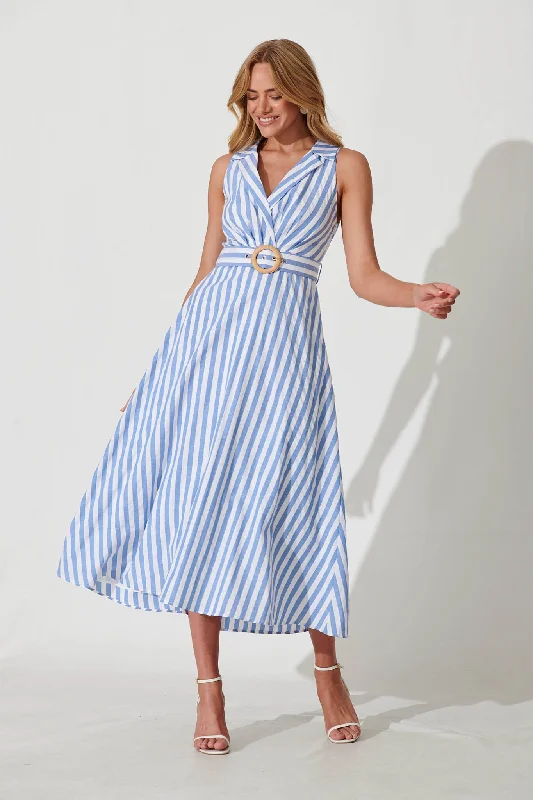Midi dresses with mesh inserts for a trendy and breathable optionSolera Midi Dress In Blue And White Stripe Cotton Blend Midi dresses with mesh inserts for a trendy and breathable optionSolera Midi Dress In Blue And White Stripe Cotton Blend
