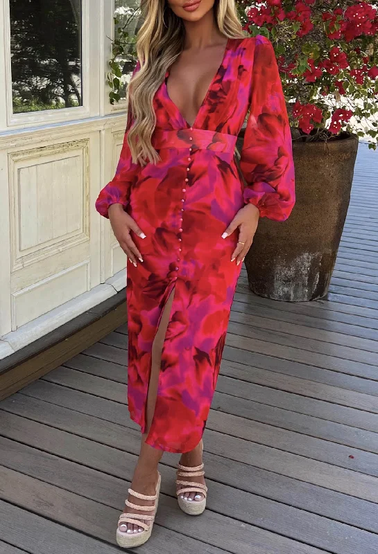 Midi dresses with gathered skirts for a full and flowing silhouetteSunset Paradise Hot Pink Printed Button Front Long Sleeve Midi Dress