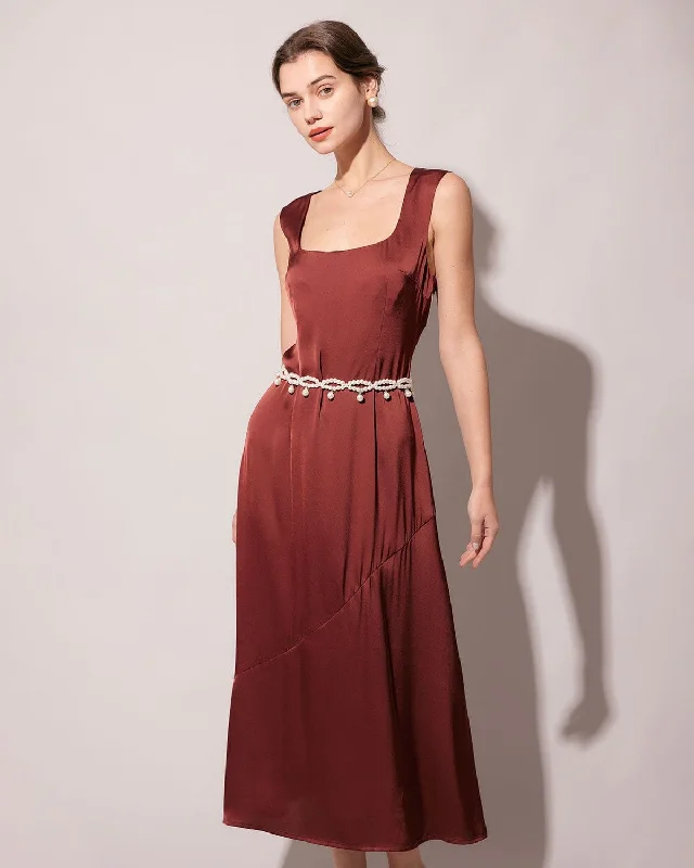 Midi dresses with cotton - blend materials for everyday comfortThe Coffee Square Neck Sleeveless Satin Midi Dress Midi dresses with cotton - blend materials for everyday comfortThe Coffee Square Neck Sleeveless Satin Midi Dress
