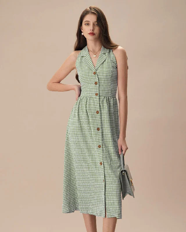 A - line midi dresses with floral prints for spring brunchesThe Green Lapel Plaid Sleeveless Shirt Midi Dress A - line midi dresses with floral prints for spring brunchesThe Green Lapel Plaid Sleeveless Shirt Midi Dress